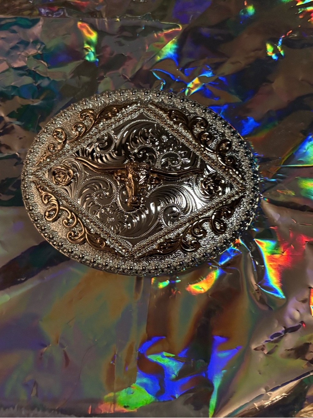 Ornate Silver-Tone Western Buckle with Gold Accents